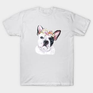 Cute French Bulldog with Pink Flower Hair Wreath Illustration Art T-Shirt